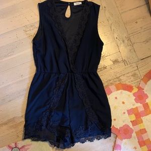 Deep V Navy Romper w/Lace Details